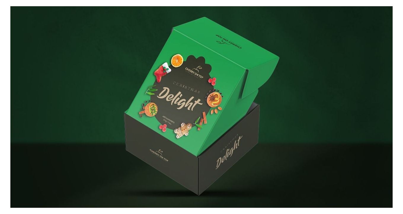 Christmas packaging design inspiration, roll end tuck front box for Christmas cookies.