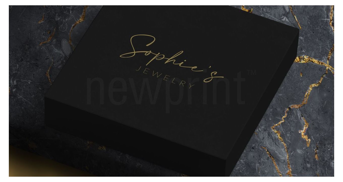 Closed black custom jewelry box packaging with gold logo on the top 