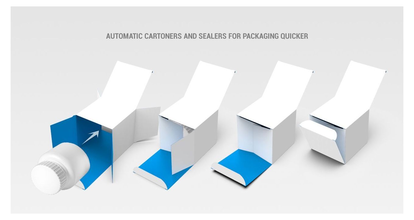 Different stages of putting a pill bottle in a paperboard box using automated cartoning equipment