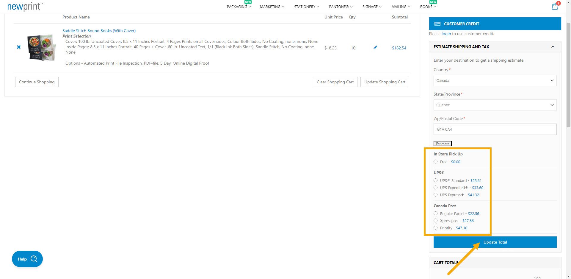Screenshot of Newprint's cart showing the available shipping options in order to get an online printing quote.