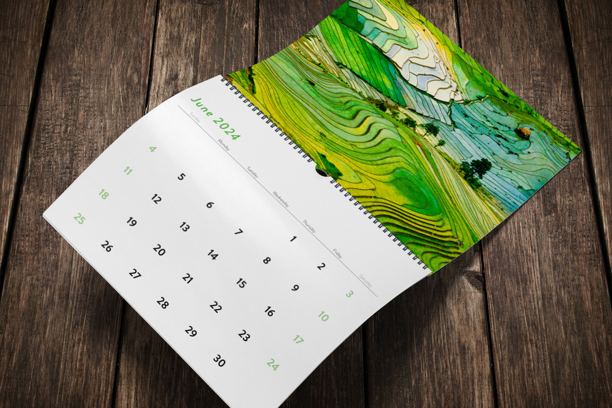 Wall calendar with field art made using 2024 calendar template