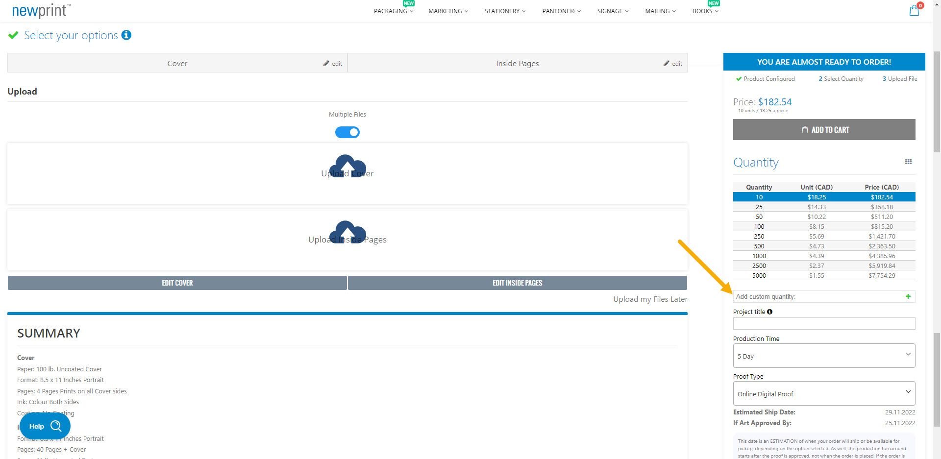 Screenshot of Newprint's book printing page showing where to type in the custom quantity in order to get an online printing quote.
