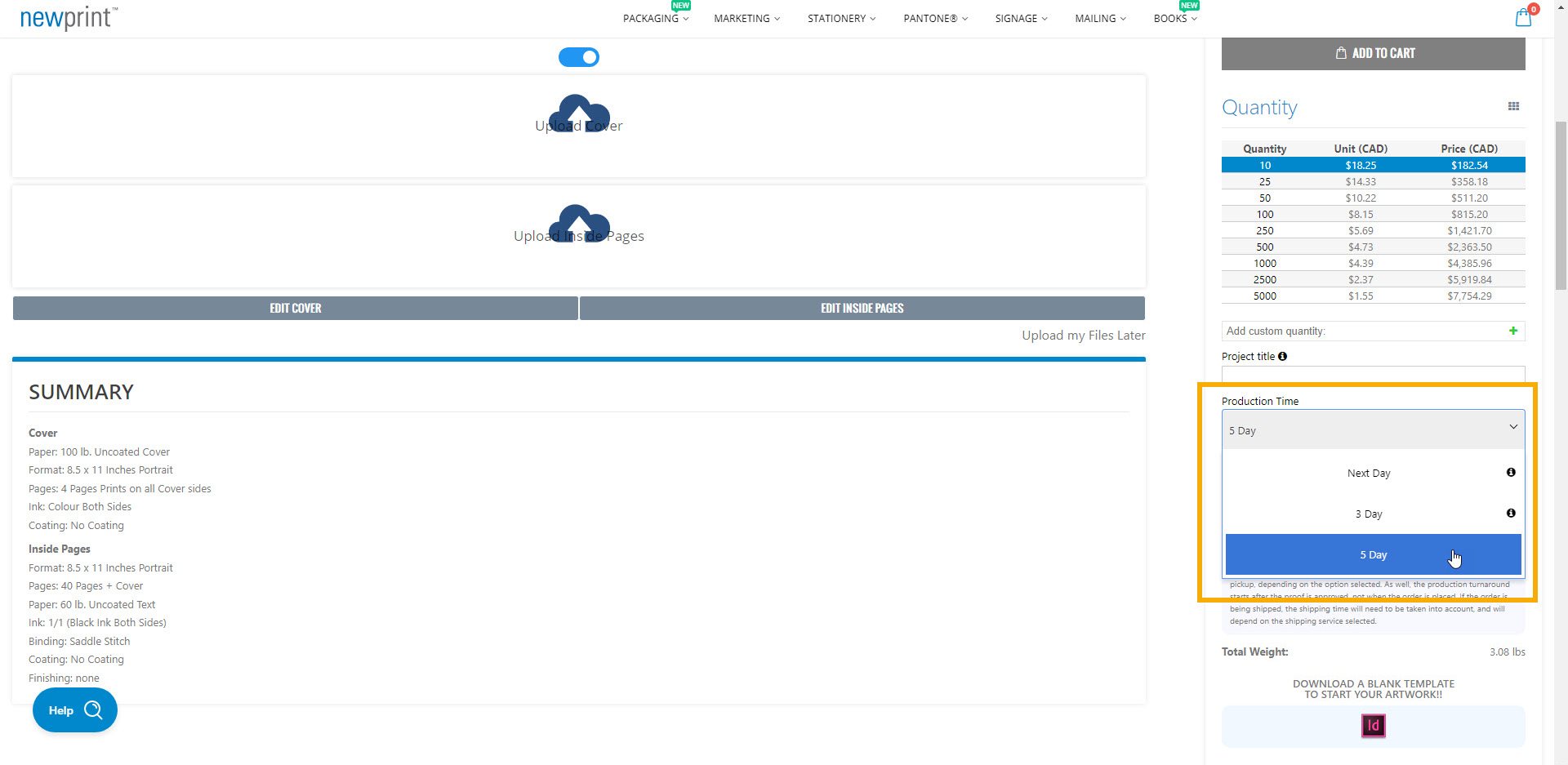 Screenshot of Newprint's book printing page showing where to choose the production time in order to get an online printing quote.