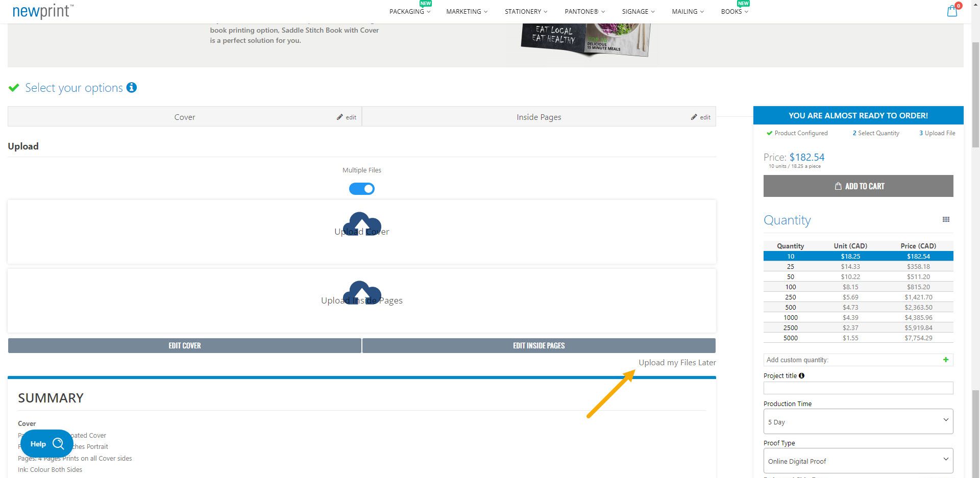 Screenshot of Newprint's book printing page showing where to click in order to upload the print files later in order to get an online printing quote.