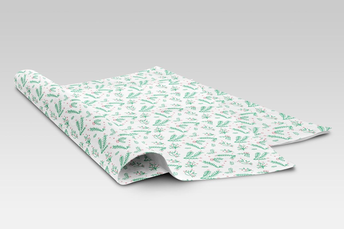 Custom Wrapping Paper on  gray background with Christmas tree branches design.