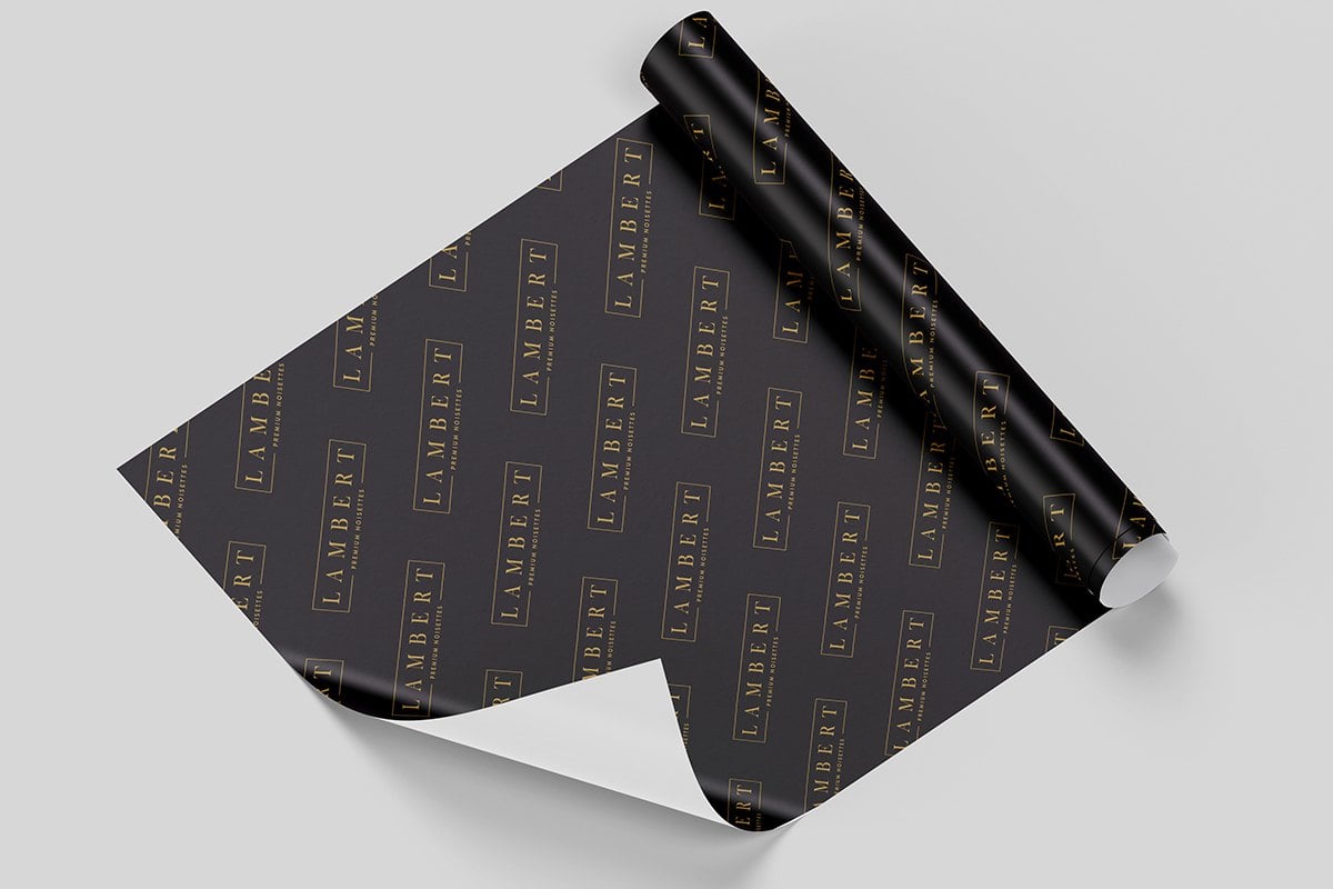 Black custom Wrapping Paper with logo on it.