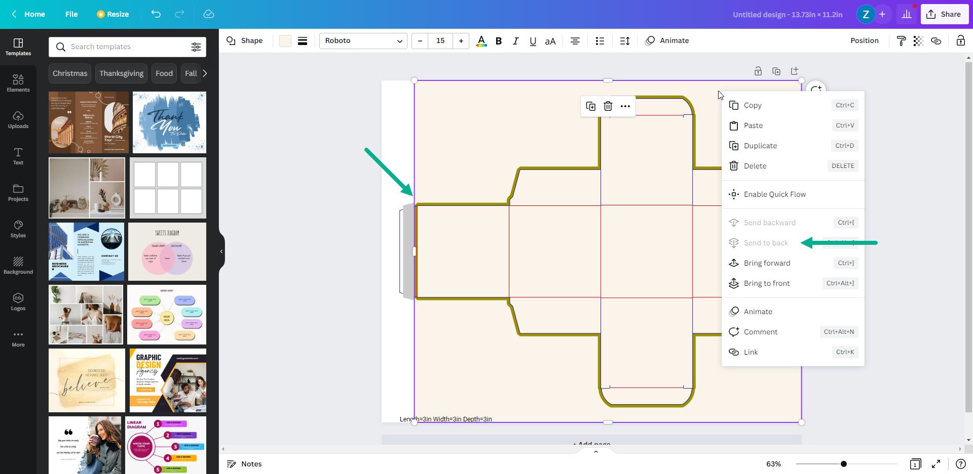 Adobe Express vs Canva, screenshot of Canva editor showing a command for sending an object to the back.