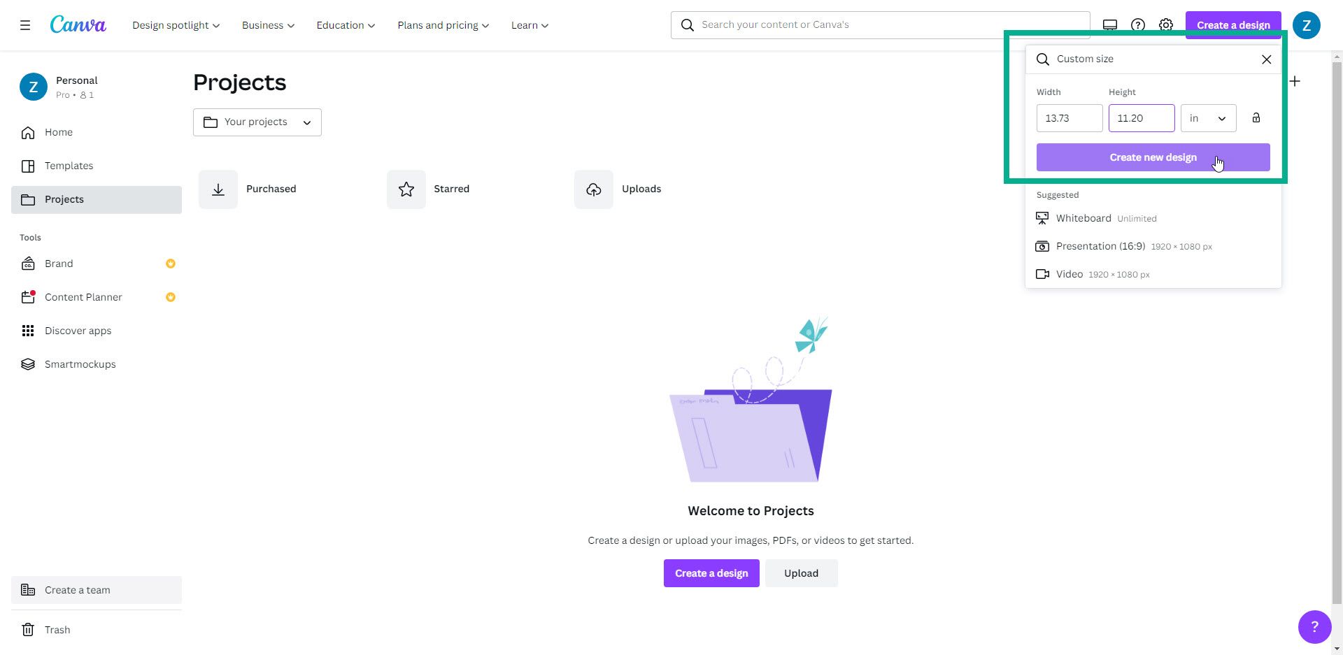 Adobe Express vs Canva, screenshot of Canva editor showing how to create a new custom size document.