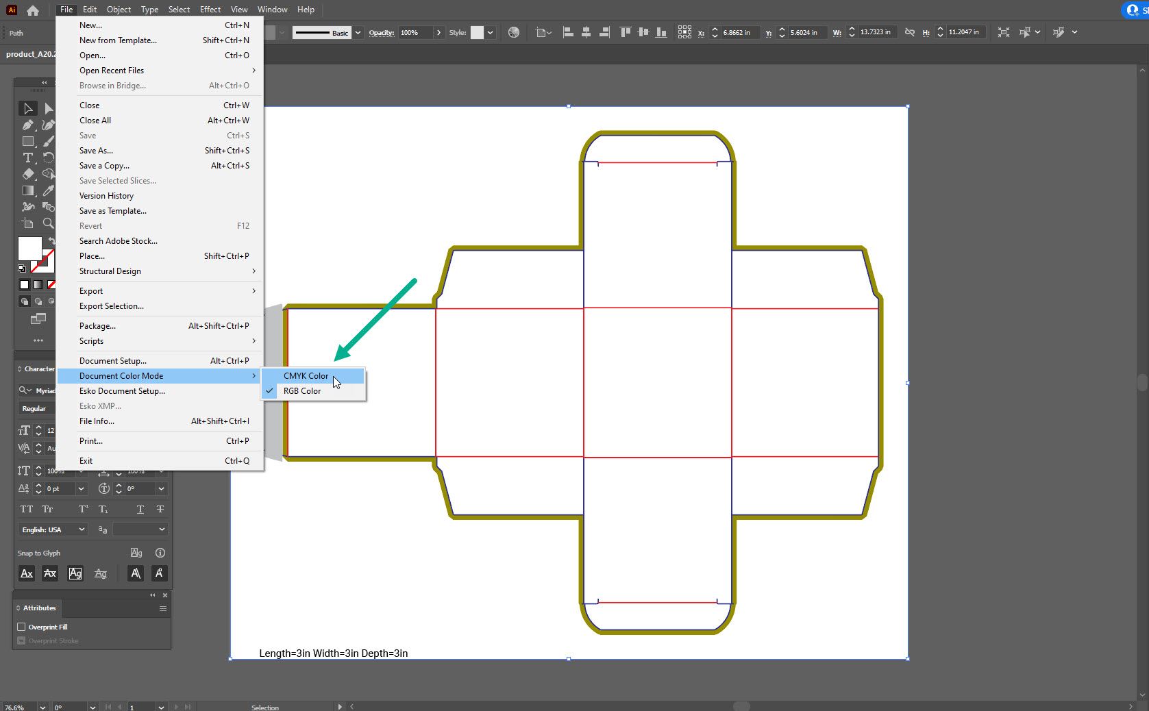 Adobe Express vs Canva, the screenshot of Adobe Illustrator showing how to change the document color mode from RGB to CMYK.