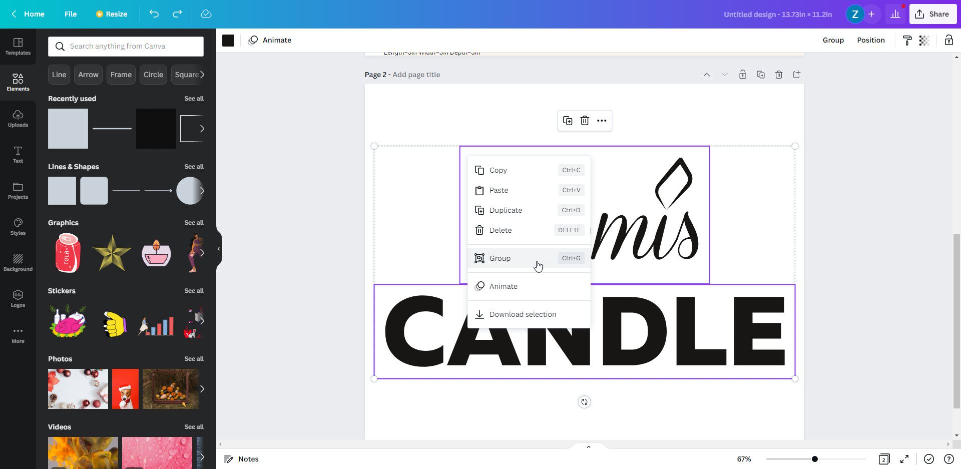 Adobe Express vs Canva, screenshot od Canva editor showing how to group multiple objects together.
