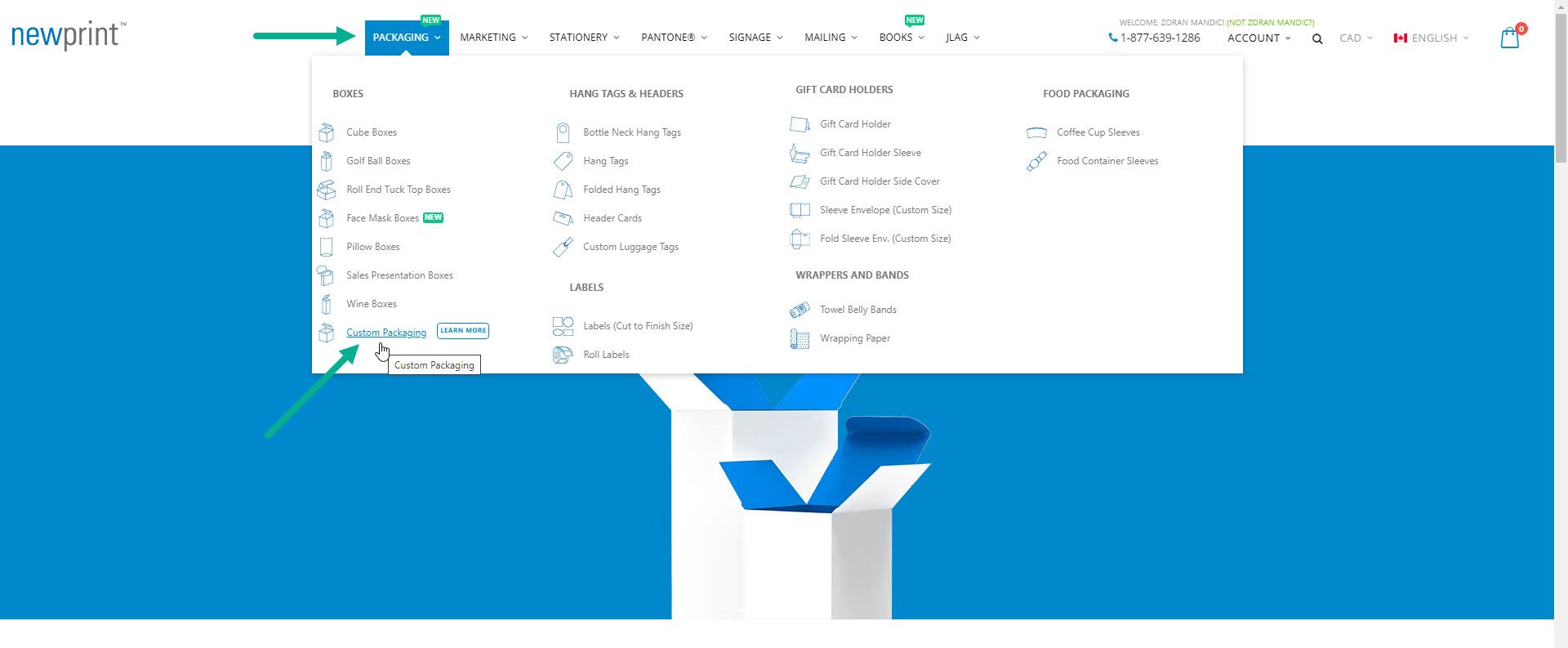 Adobe Express vs Canva, screen shot of Newprint home page showing where to click to go to the Custom Packaging page.