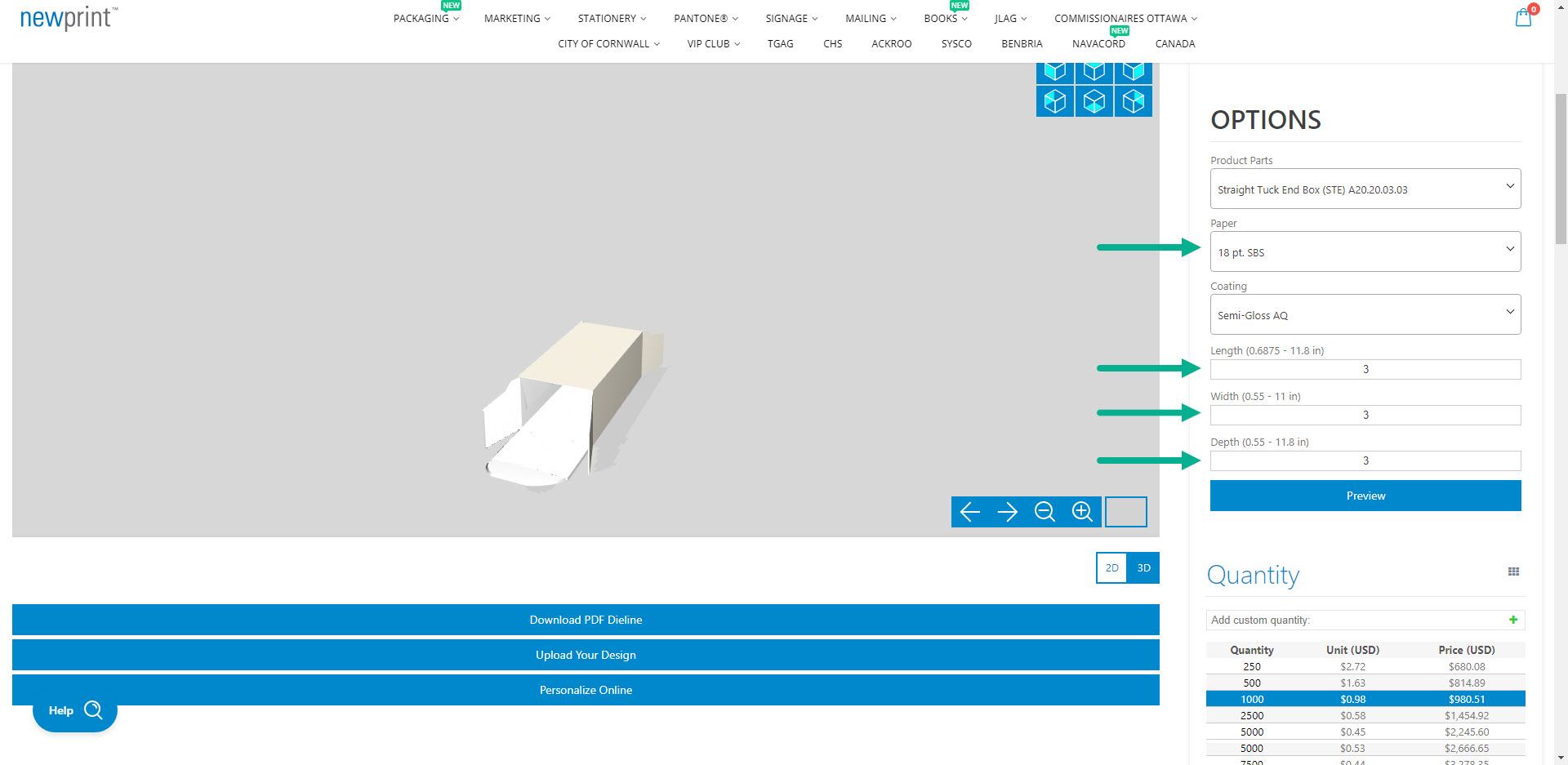 Adobe Express vs Canva, screenshot of Newprint Custom Packaging web page showing which options to select in order to generate a dieline file.