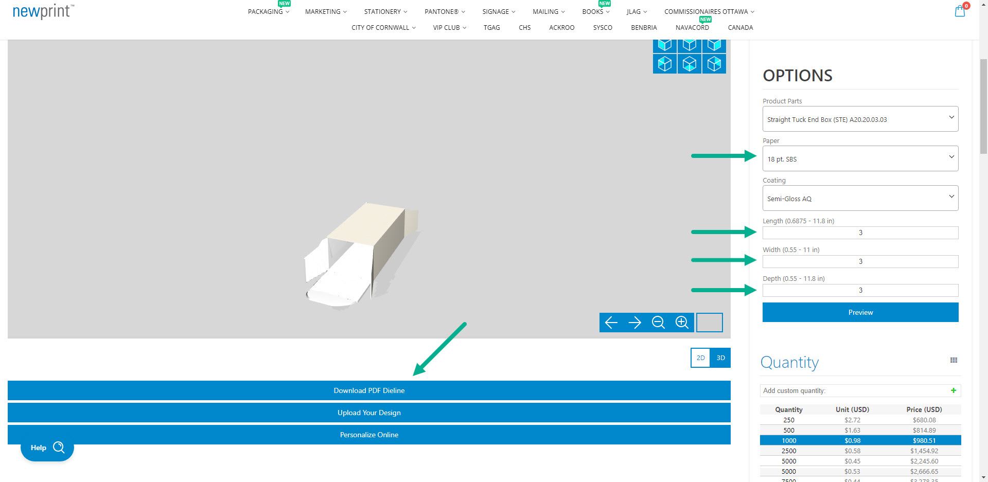 Adobe Express vs Canva, screenshot of Newprint Custom Packaging web page showing how to generate and download a dieline file.