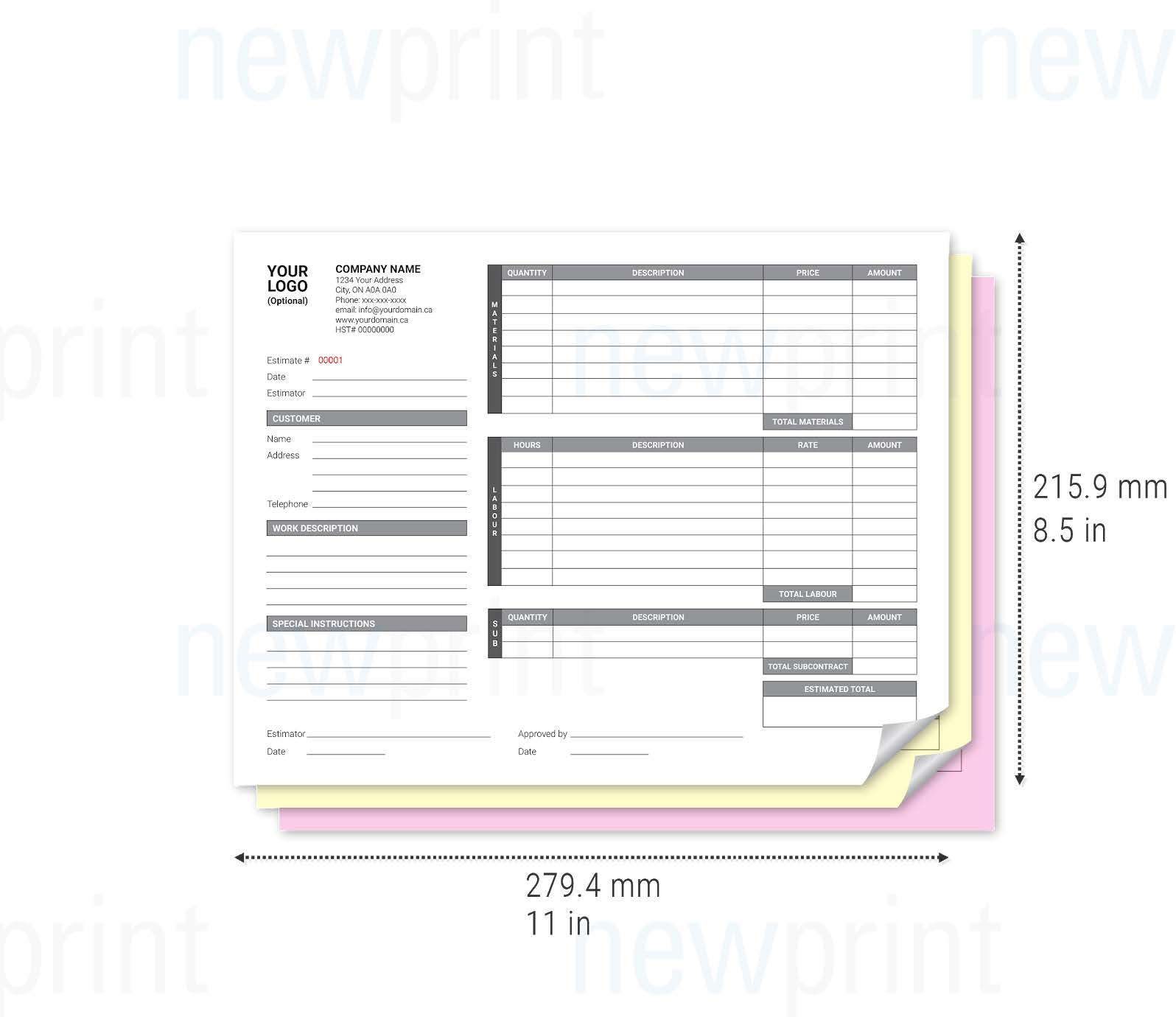 3-part NCR form estimate example