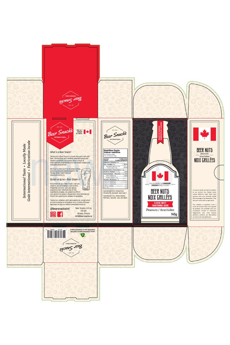 Technical drawing of a roll end front tuck custom food packaging box with a snack product design applied.