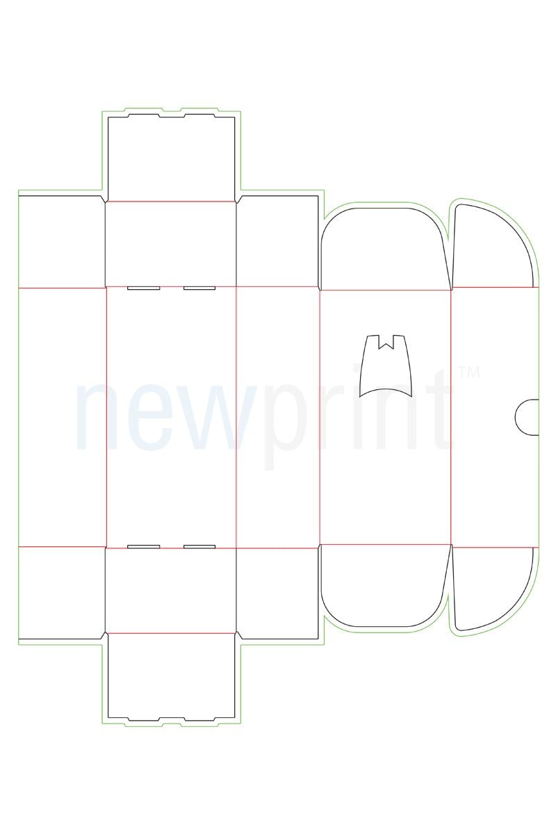 Technical drawing of a roll end front tuck packaging box.