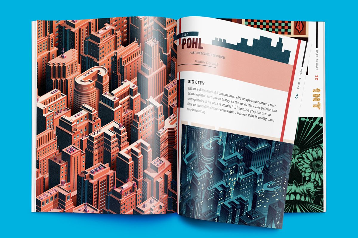 Example of graphic design trends – magazine spread with building roofs spelling words “city life”