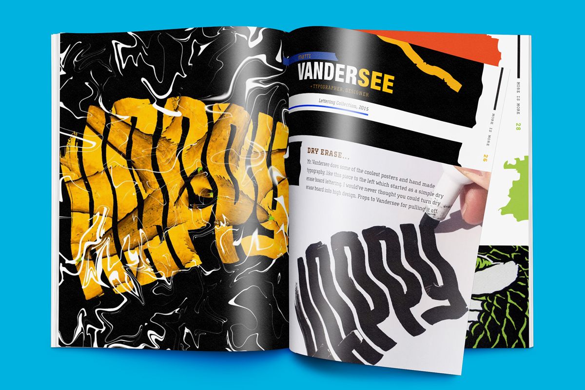 Example of graphic design trends – magazine spread with stylized word “happy” 