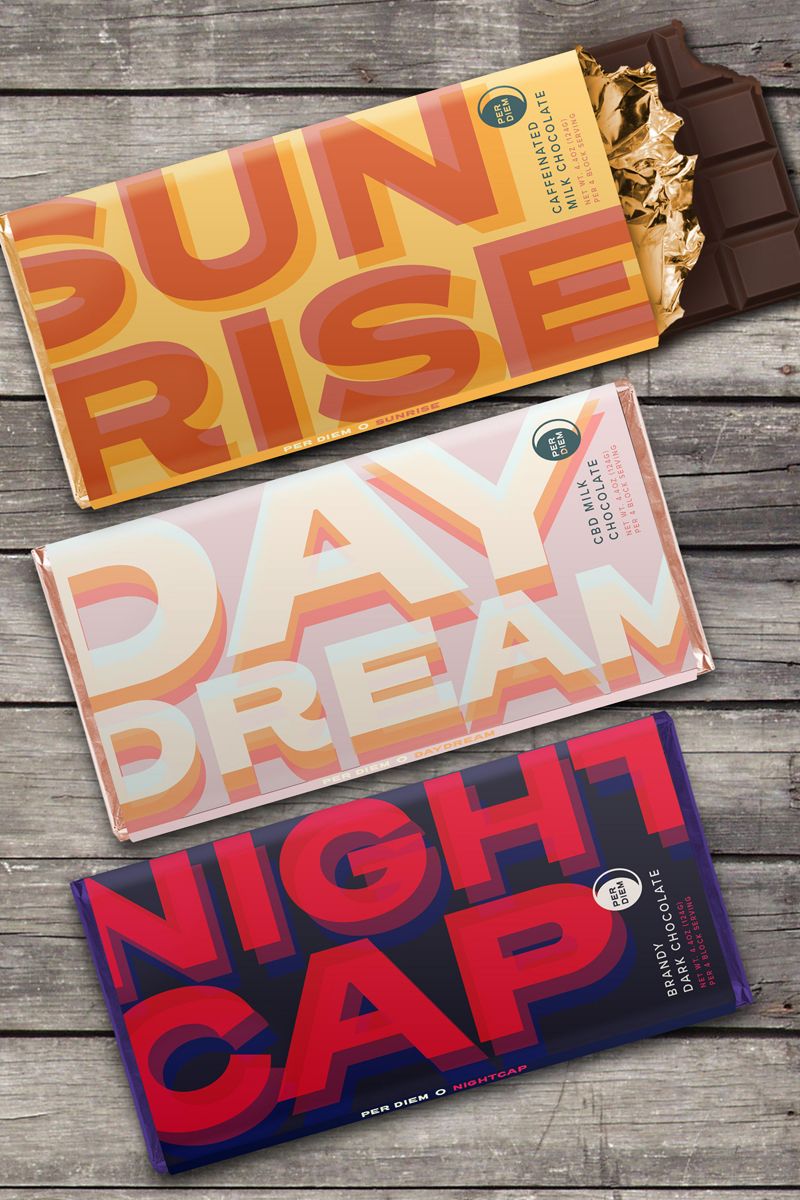 Example of graphic design trends for 2022 – three different chocolate bars with minimalistic design on the flat surface