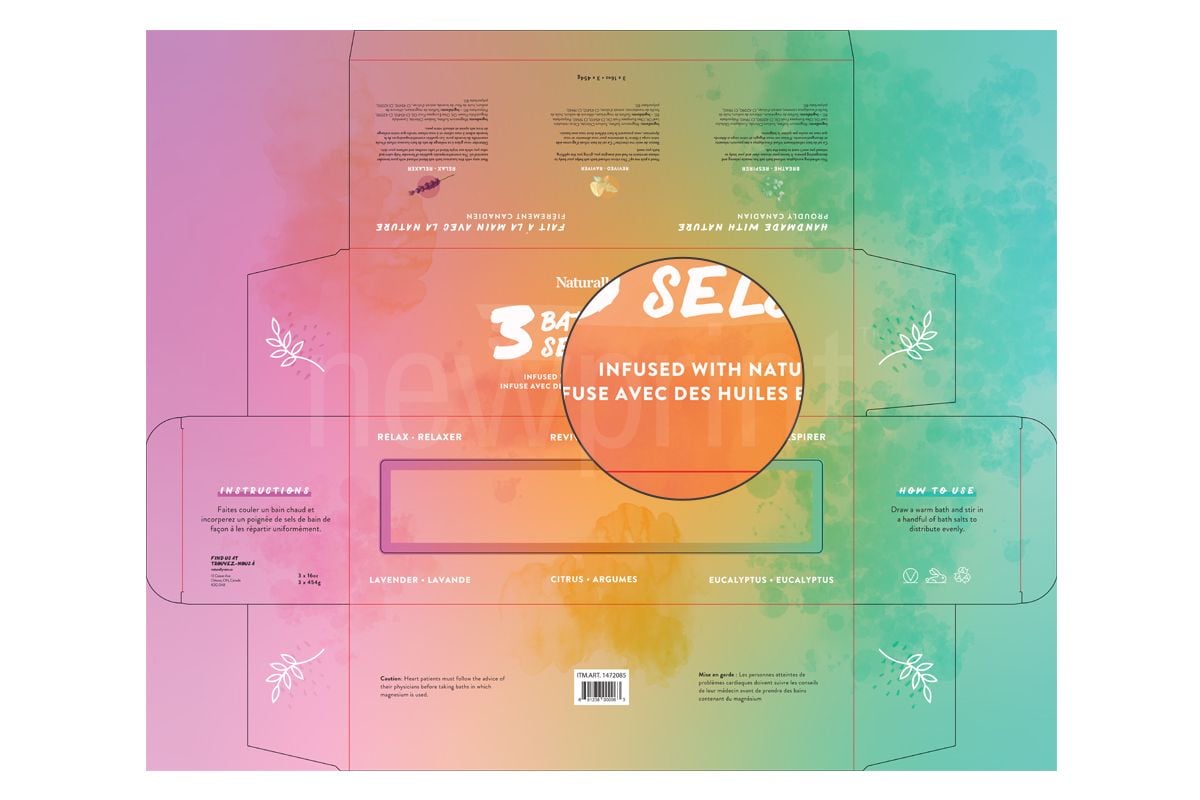 Bath salts cosmetic packaging box design with a zoomed-in section showing bilingual text.