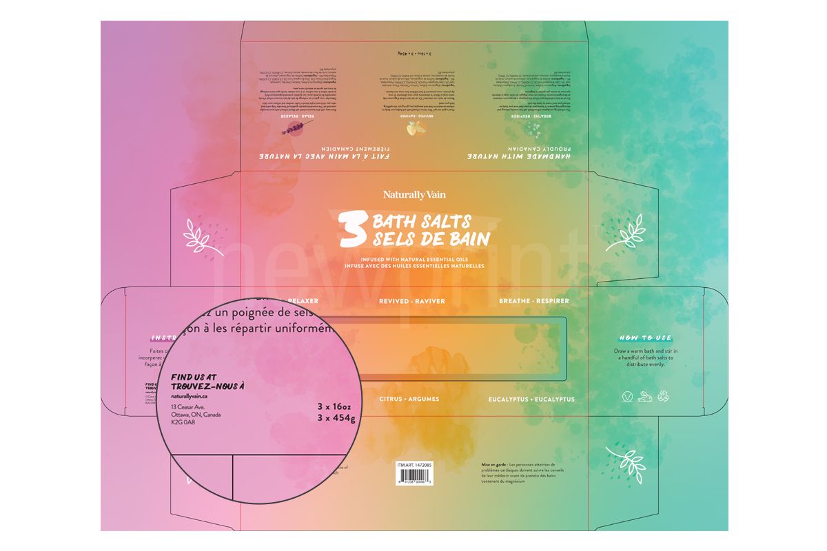 Bath salts cosmetic packaging box design with a zoomed-in section showing manufacturer information.