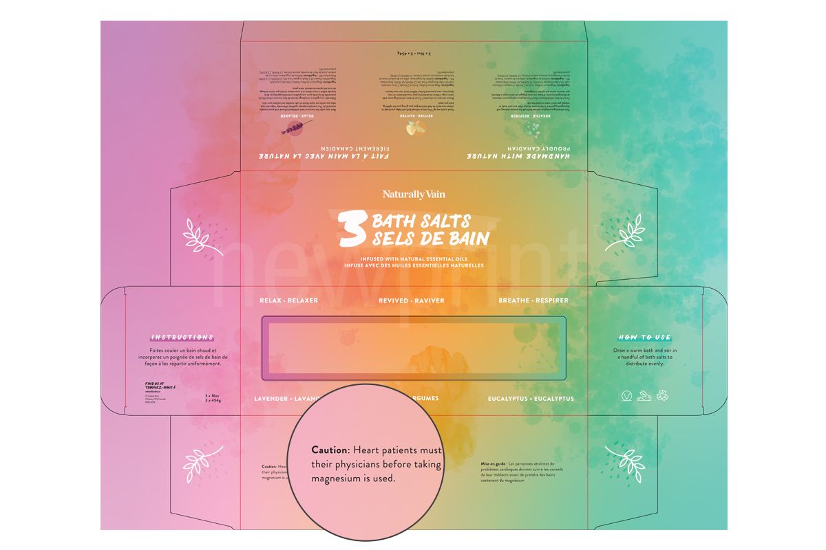 Bath Salts Cosmetic Packaging Box Design With a Zoomed-In Section Showing Cautions and Warnings