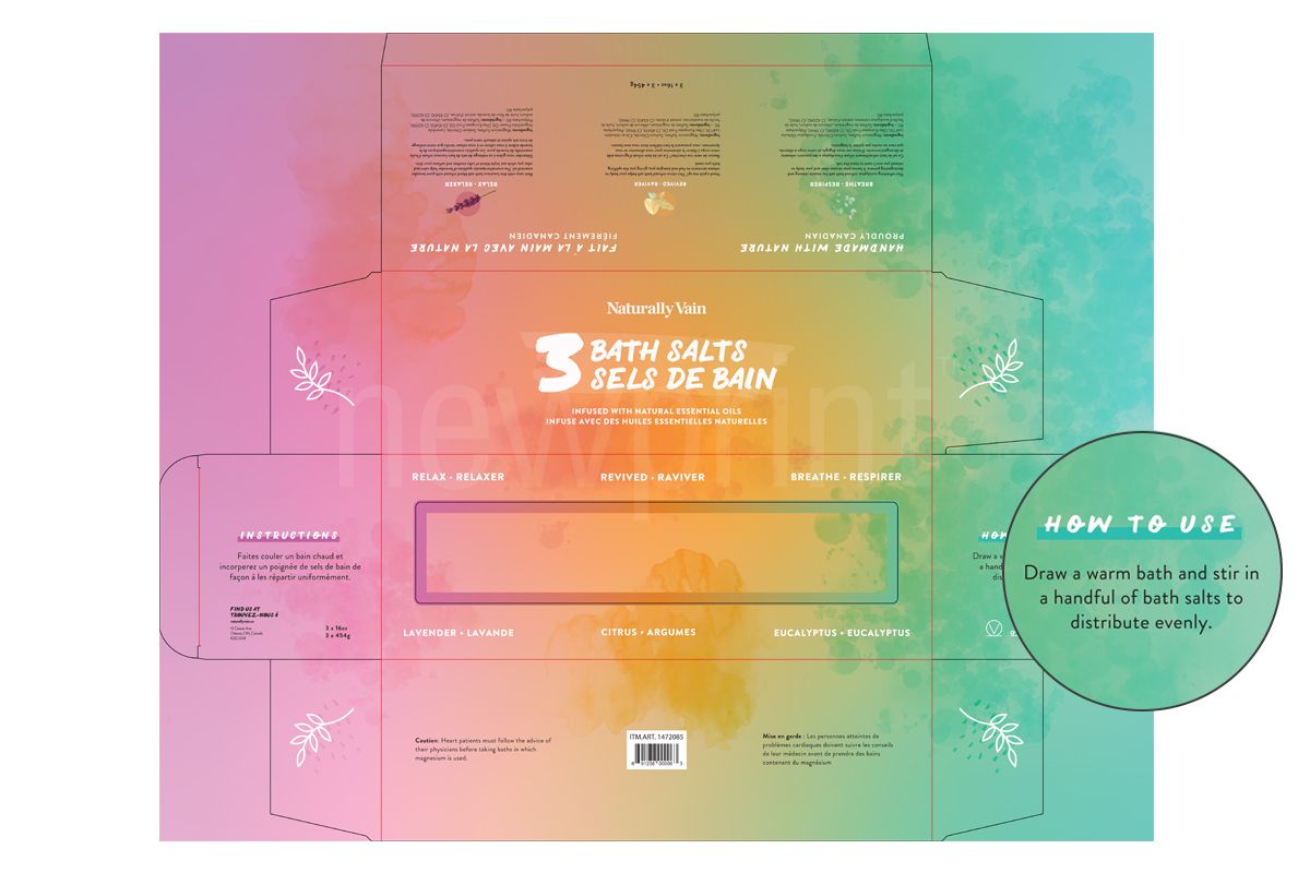 Bath salts cosmetic packaging box design with a zoomed-in section showing usage instructions.