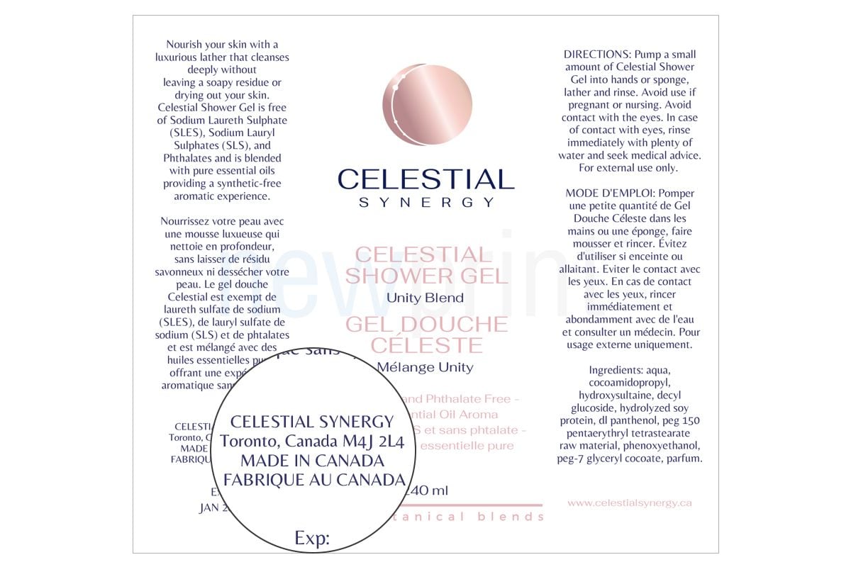 Shower gel label design for cosmetic packaging with a zoomed-in section showing manufacturer information.