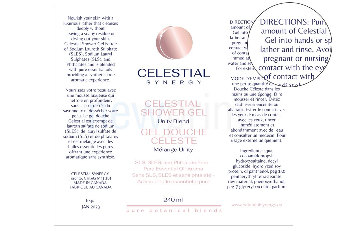 Shower Gel Label Design for Cosmetic Packaging With a Zoomed-In Section Showing Usage Instructions