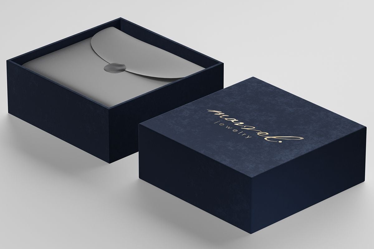 Jewelry Packaging Ideas-Open custom jewelry box packaging with the logo on the lid and gray tissue paper with label inside