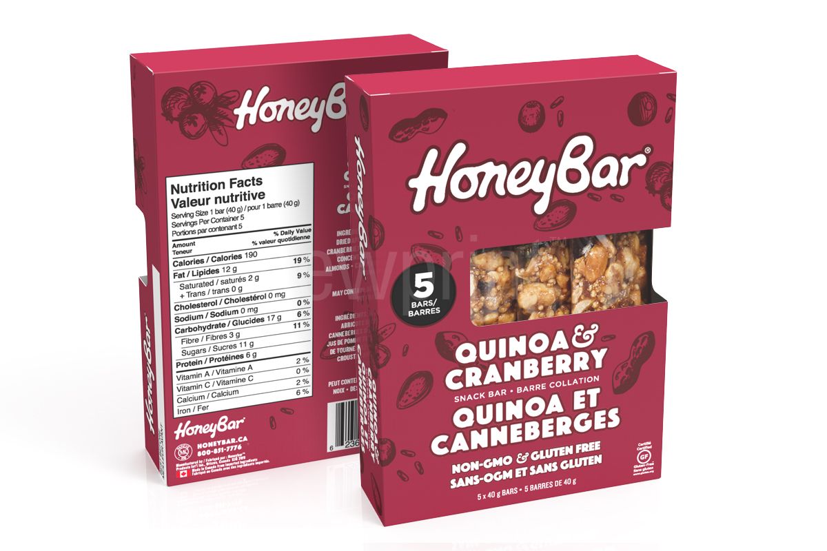 What is custom packaging - A 3D rendering of a retail box holding 5 energy bars, with a cutout window in the middle of the box so the energy bars inside the box are visible.