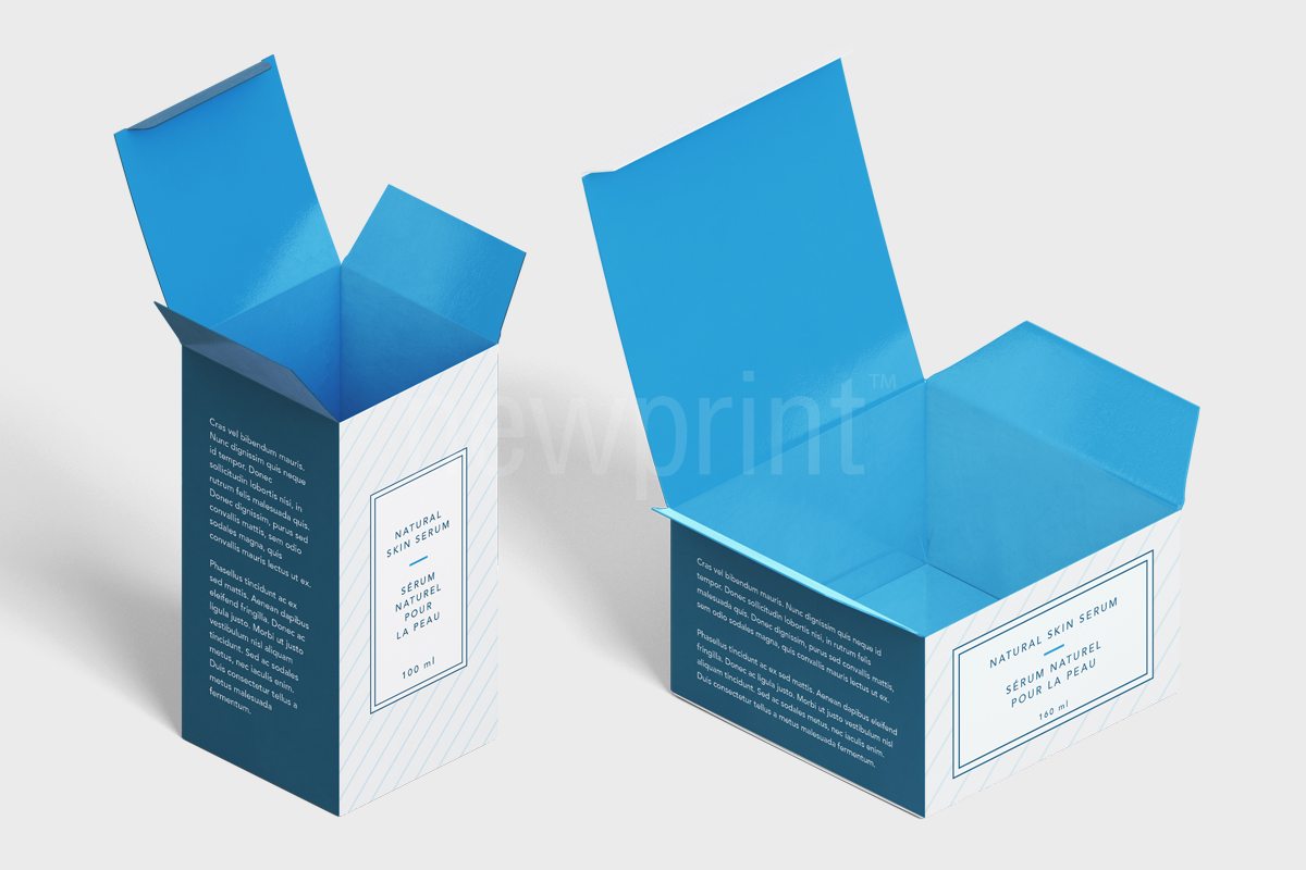 What is custom packaging - Top left view of two rectangle boxes of different size with open lids against a gray background, with a blue design for a cosmetics product applied to the inside and the outside of the boxes.