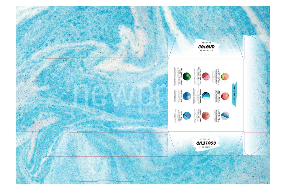 Technical drawing of a flat, unfolded roll end tuck top box with a design for bath bomb packaging applied with ECMA Standards.