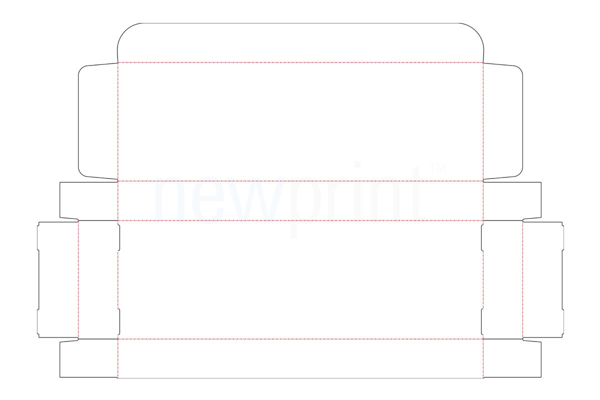 Technical drawing of a flat, unfolded roll end tuck top box with ECMA Standards.