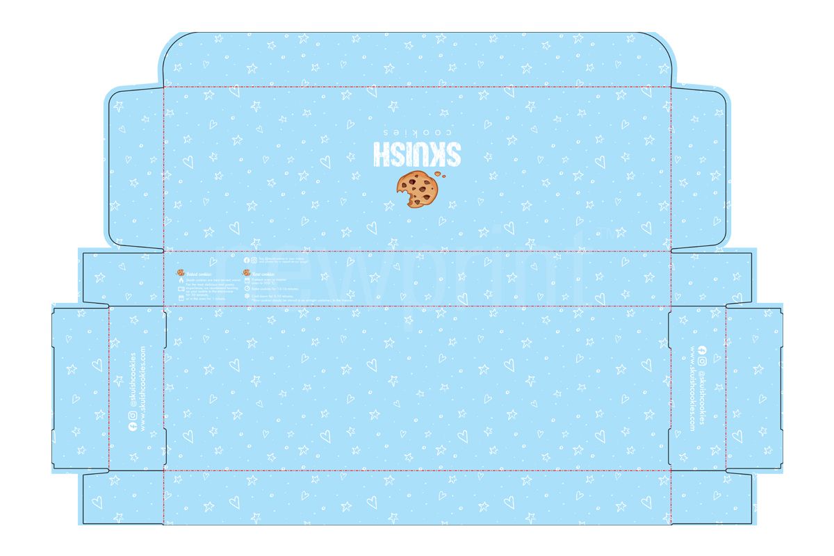 ECMA Standards - Technical drawing of a flat, unfolded roll end tuck top box with a design for cookie packaging applied.