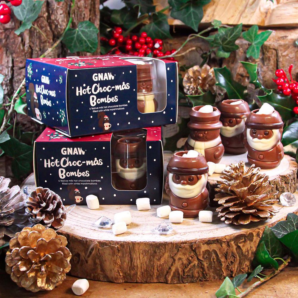 Holiday packaging for Gnaw choco bombs