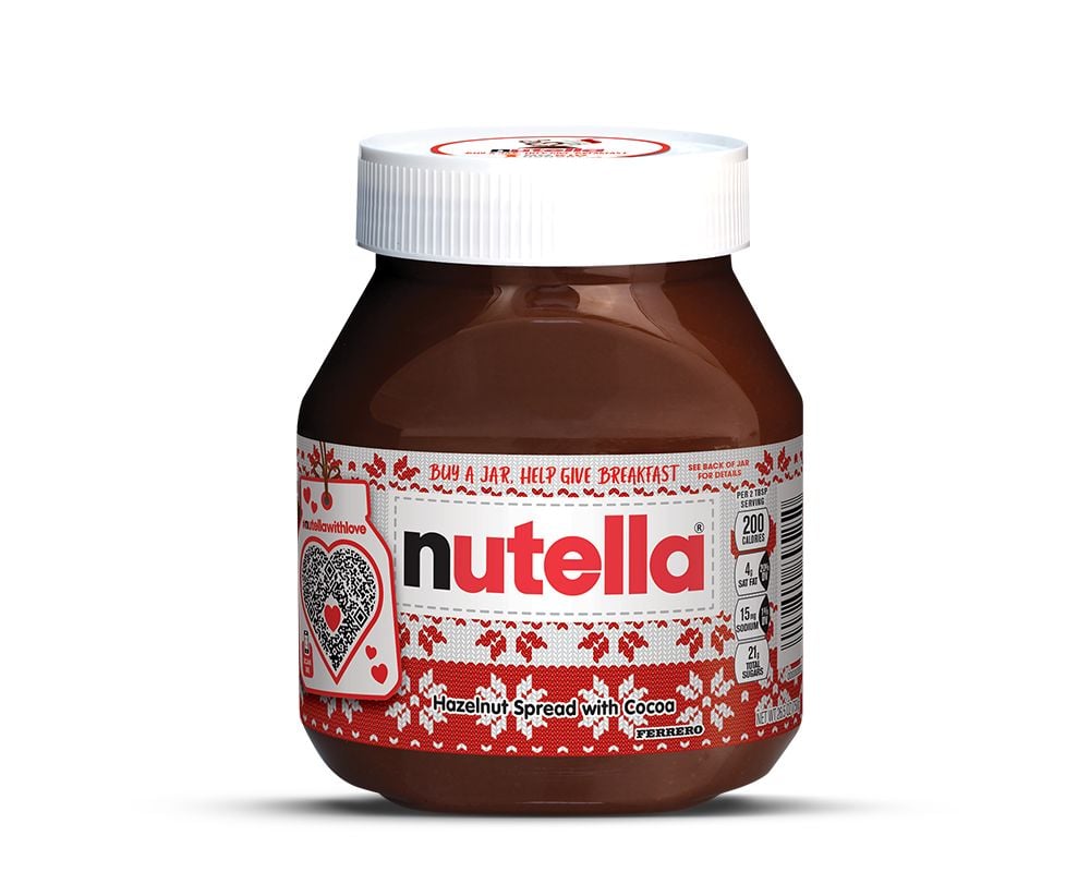 A Nutella jar with a holiday-themed label design