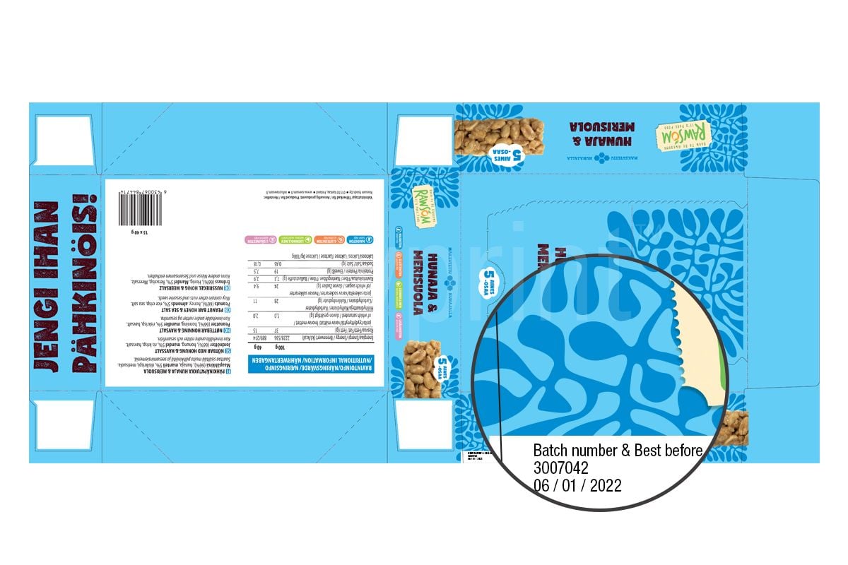 FDA food packaging regulation - A box dieline for energy bar food packaging with design applied and with a zoomed-in detail showing the best before date.