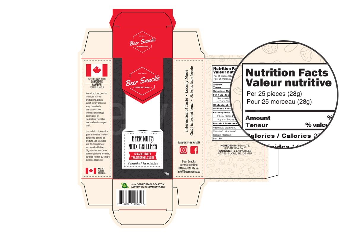  FDA food packaging regulation - a box dieline for mixed nuts with design applied and with a zoomed-in detail showing bilingual nutrition values
