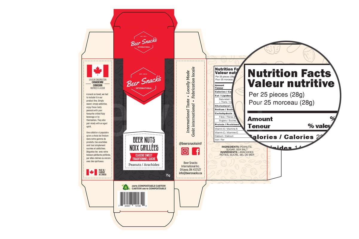FDA food packaging regulation - a box dieline for mixed nuts with design applied and with a zoomed-in detail showing bilingual nutrition values