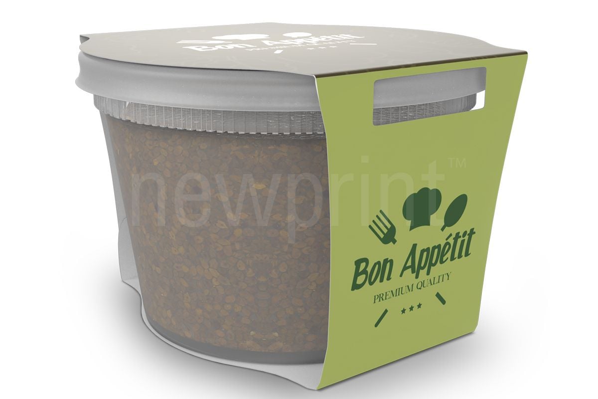 Food Packaging Sleeves-3D Rendering of a Plastic Food Container With a Paper Food Packaging Sleeve Wrapped Around it.
