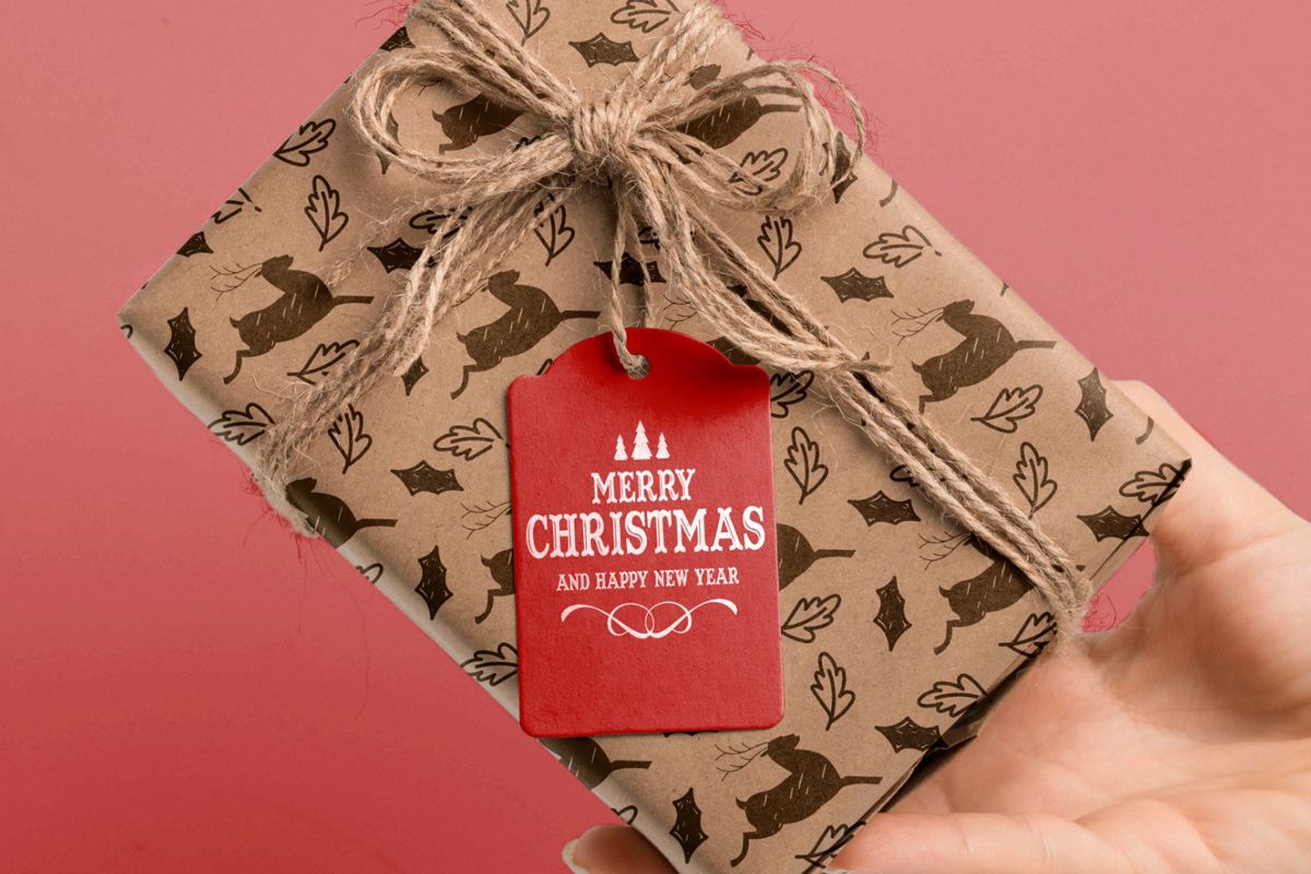 Hang tag on a wrapped gift as an example of holiday gift packaging ideas