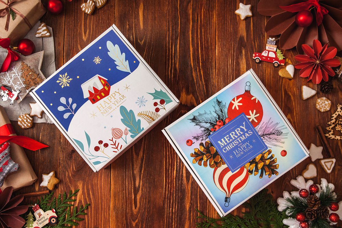 Holiday gift packaging ideas example boxes with festive design on them