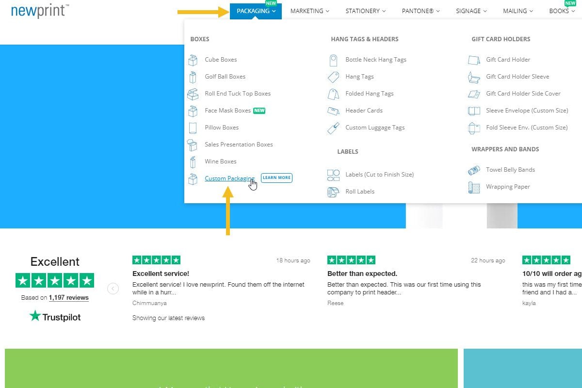 Custom Packaging Cost - Screenshot of newprint home page with a cursor selecting the custom packaging menu item.