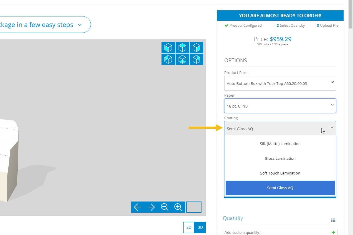 Custom Packaging Cost - Screen shot of newprint custom packaging product page indicating the coating drop-down selection.