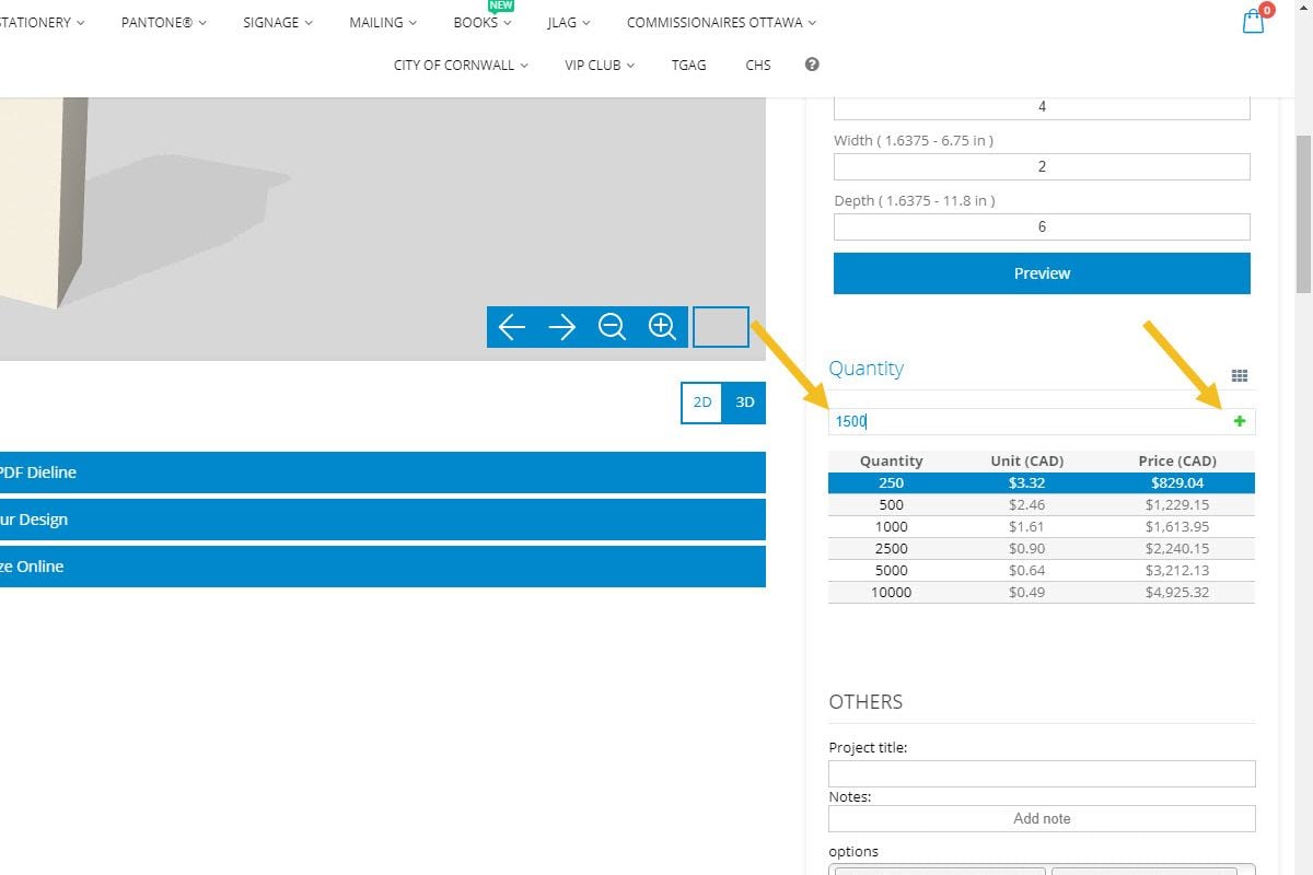 Custom Packaging Cost - Screen shot of newprint custom packaging product page indicating the input of custom print quantity.