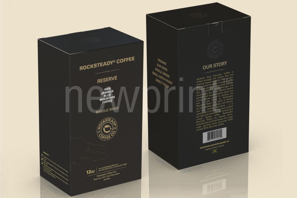 why custom packaging boxes - two packaging boxes for coffee beans, black and gold, luxurious closed product packaging, front and back of the box