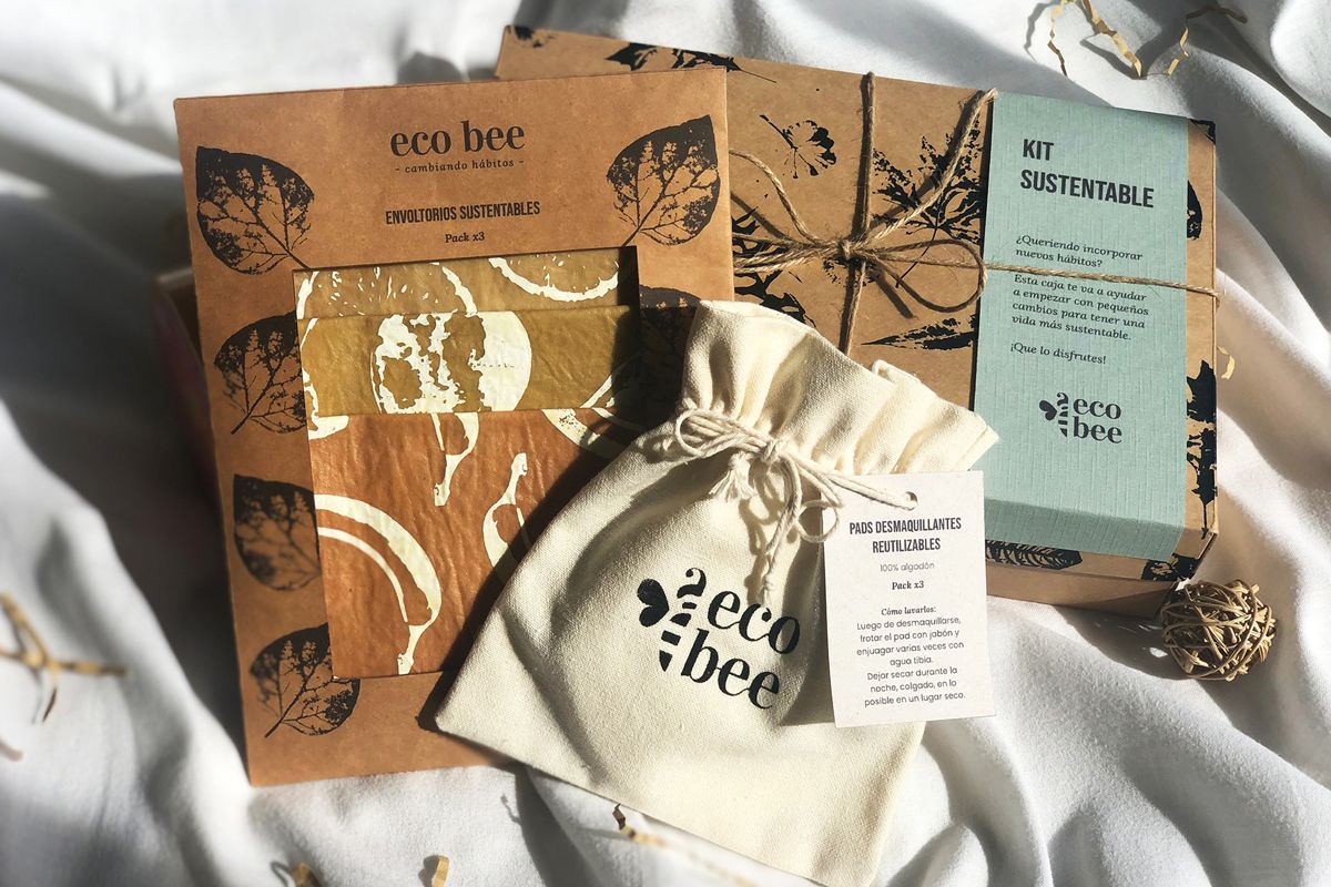 Eco bee box, paper bag and cloth bag with sustainable packaging design