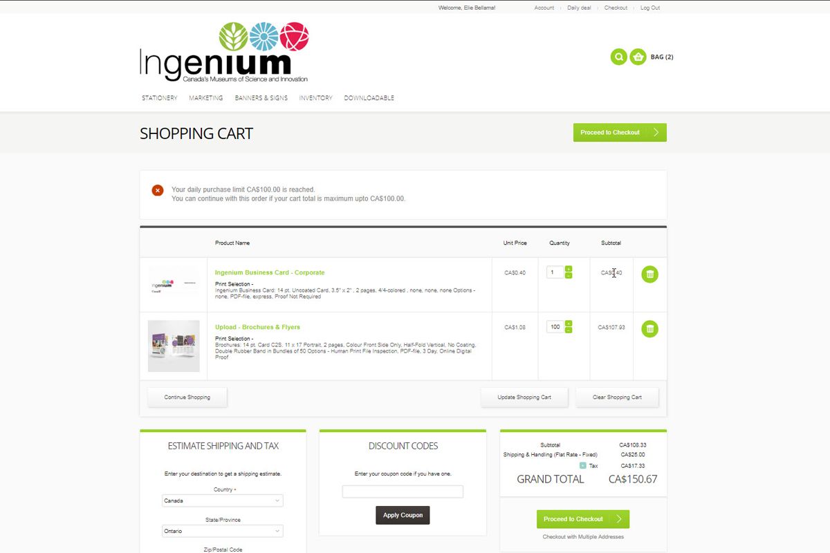 Private Web2Print storefront shopping cart screen