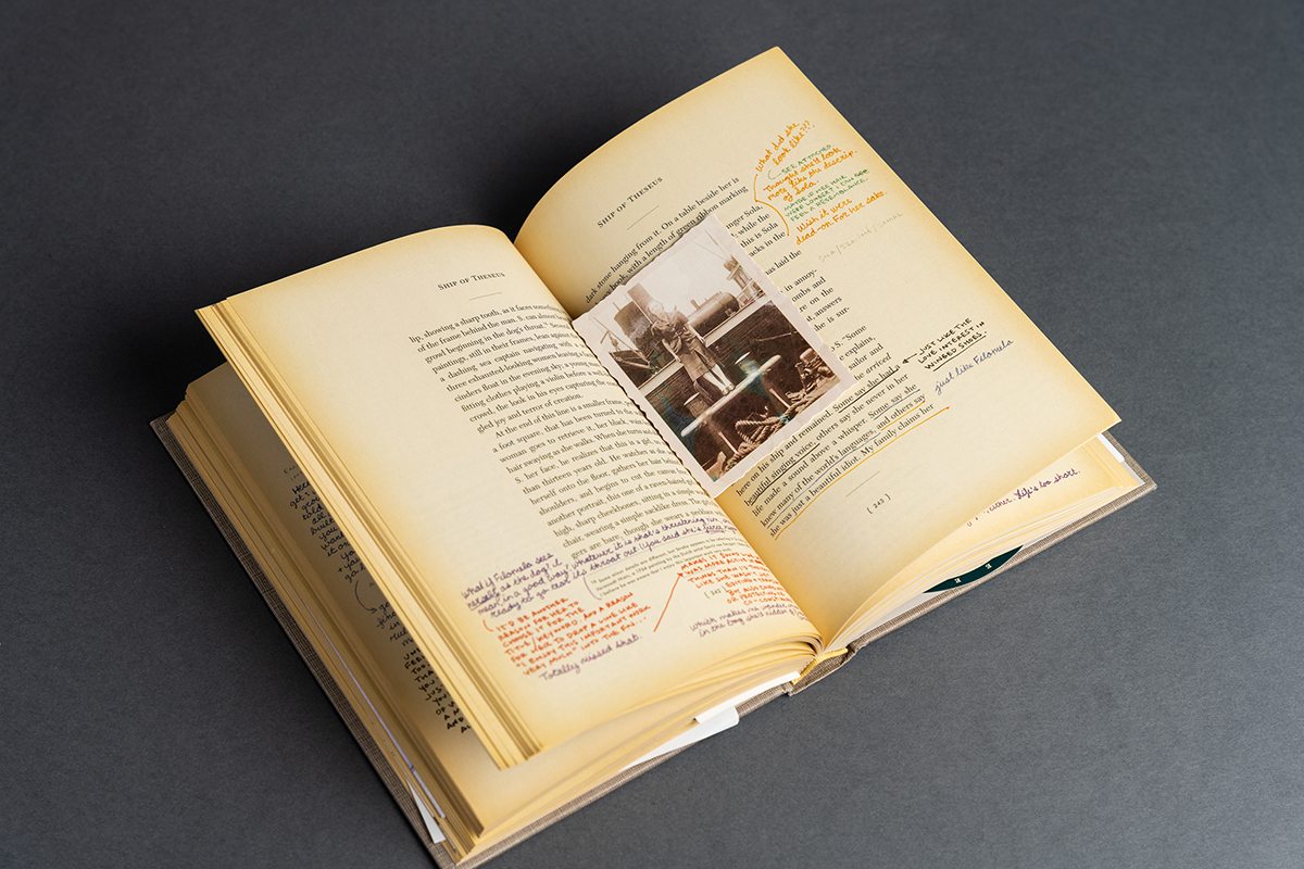 Beautiful book editions – photo showing inside pages of S. by J. J. Abrams and Doug Dorst with the insert and notes in different colors on the margins.